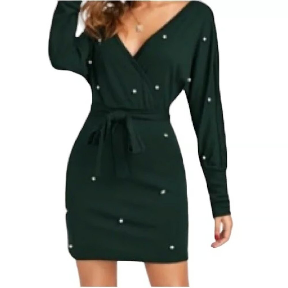 Women's Mini Tie Wrap Pearl Green Long Sleeve Mini Dress Size Medium EUC